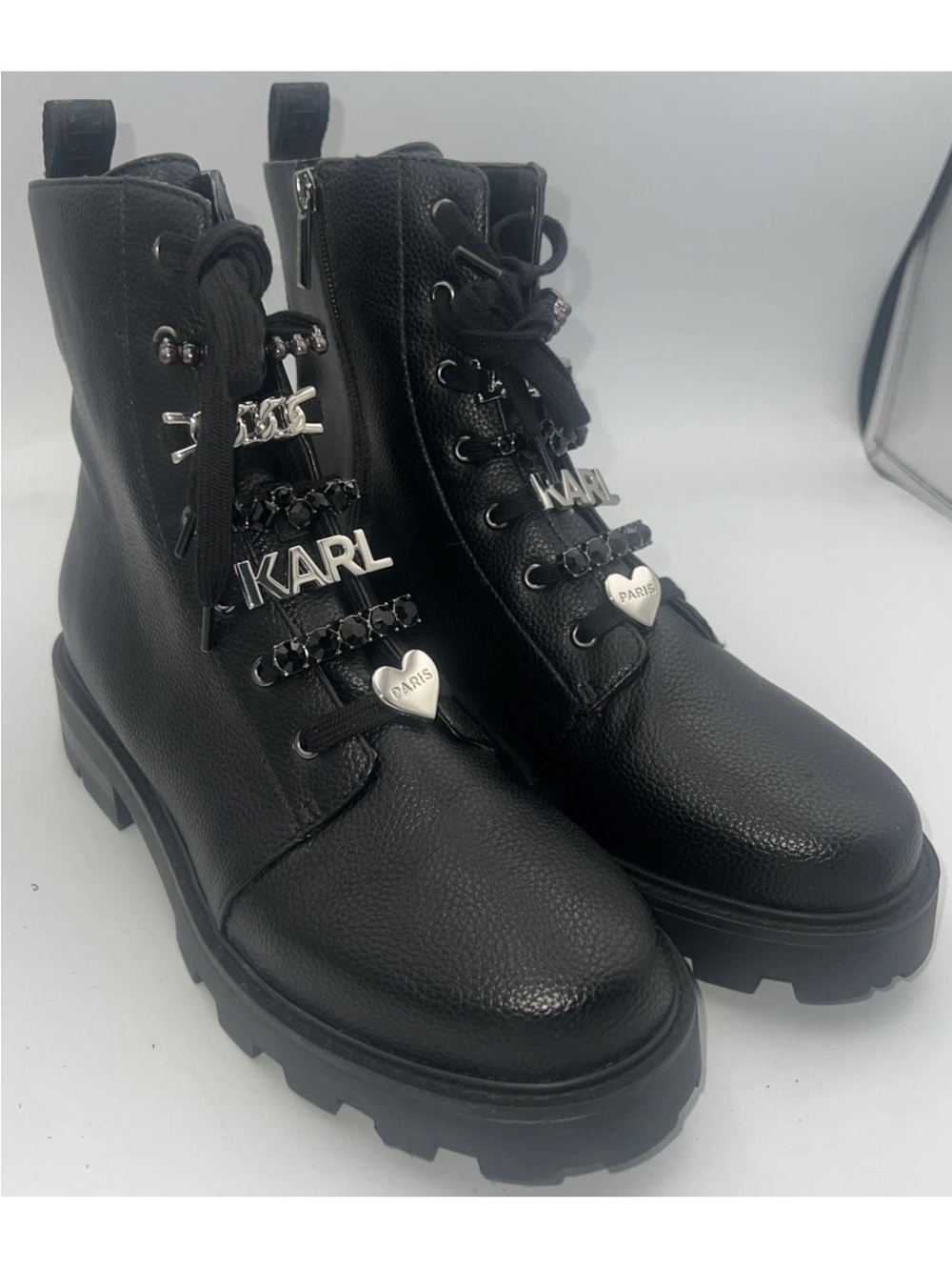 KARL LAGERFELD PARIS Mela
Embellished Combat Booties Black Women's Size 10 NWOB